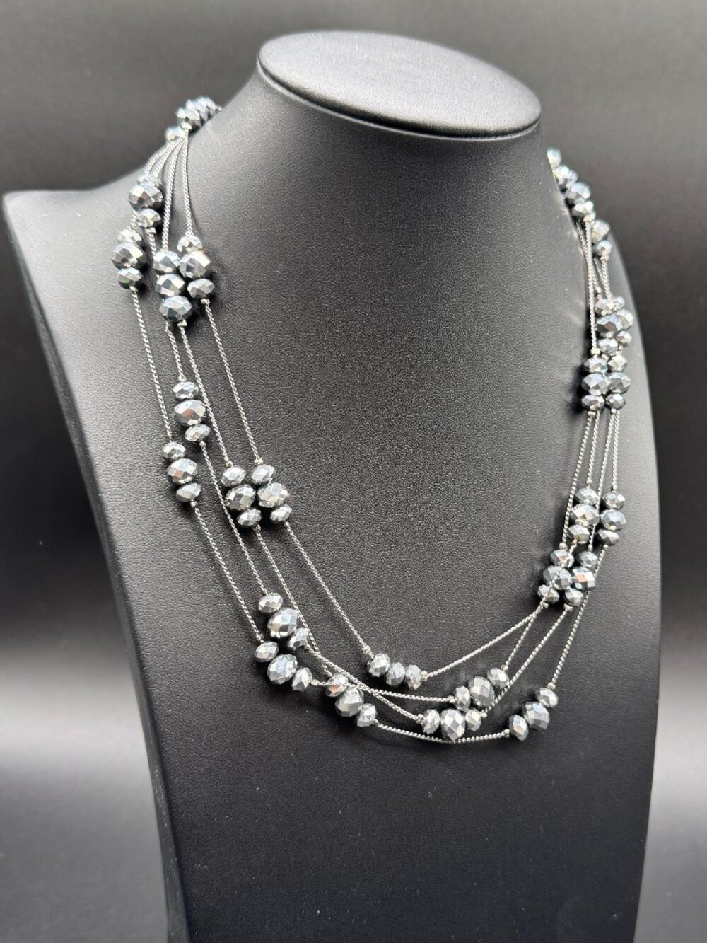 Faceted Beads Necklace Simmering Grey on 4 strands Silver Tone Chain 18 inches